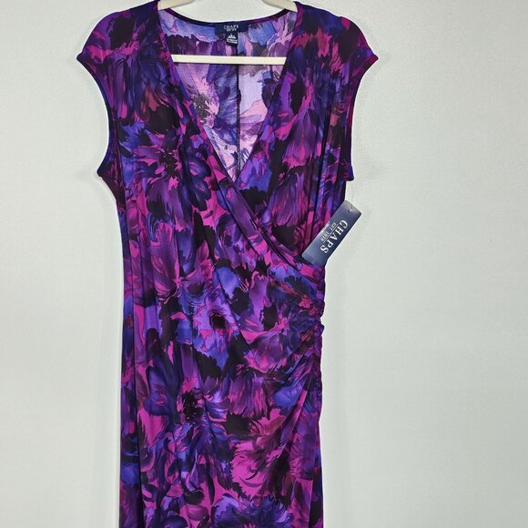 Chaps Sheath Dress Womens Large Purple Floral Faux Wrap Bodycon Ruched Surplice - Picture 9 of 11